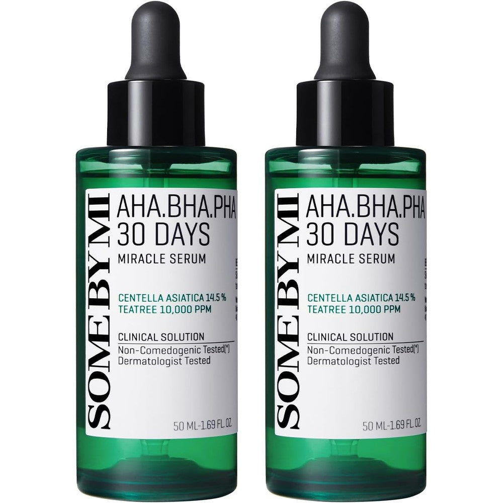 Some By Mi AHA BHA PHA 30 Days Miracle Serum duo set front view showing green dropper bottles.