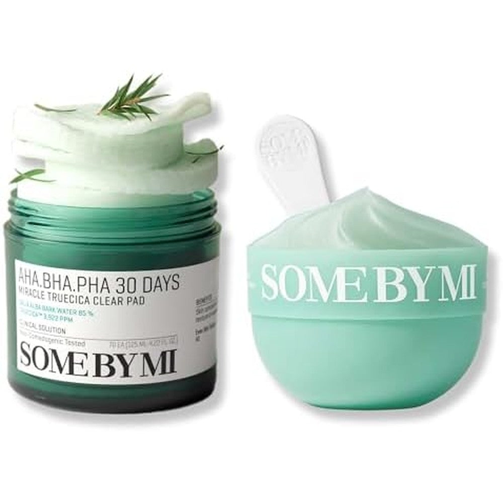 Some By Mi Spirulina Soothing Sherbet Mask and Truecica Clear Pad set front view showcasing authentic Korean skincare packaging.