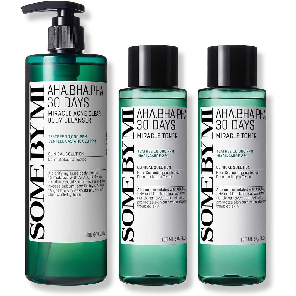 Some By Mi AHA BHA PHA 30 Days Miracle Toner and Body Cleanser set front view packaging