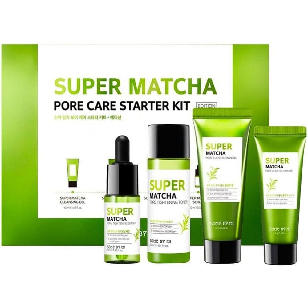 Some By Mi Super Matcha Pore Care Starter Kit With Cleansing Gel Toner Serum And Clay Mask For Oily Skin Four Piece Set