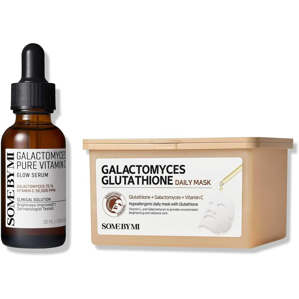 SOME BY MI Galactomyces Pure Vitamin C Glow Serum and Glutathione Daily Mask set front view packaging showcase
