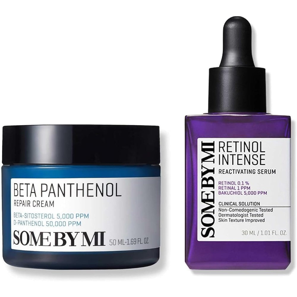 Some By Mi Beta Panthenol Repair Cream and Retinol Serum set front view for skin barrier restoration.