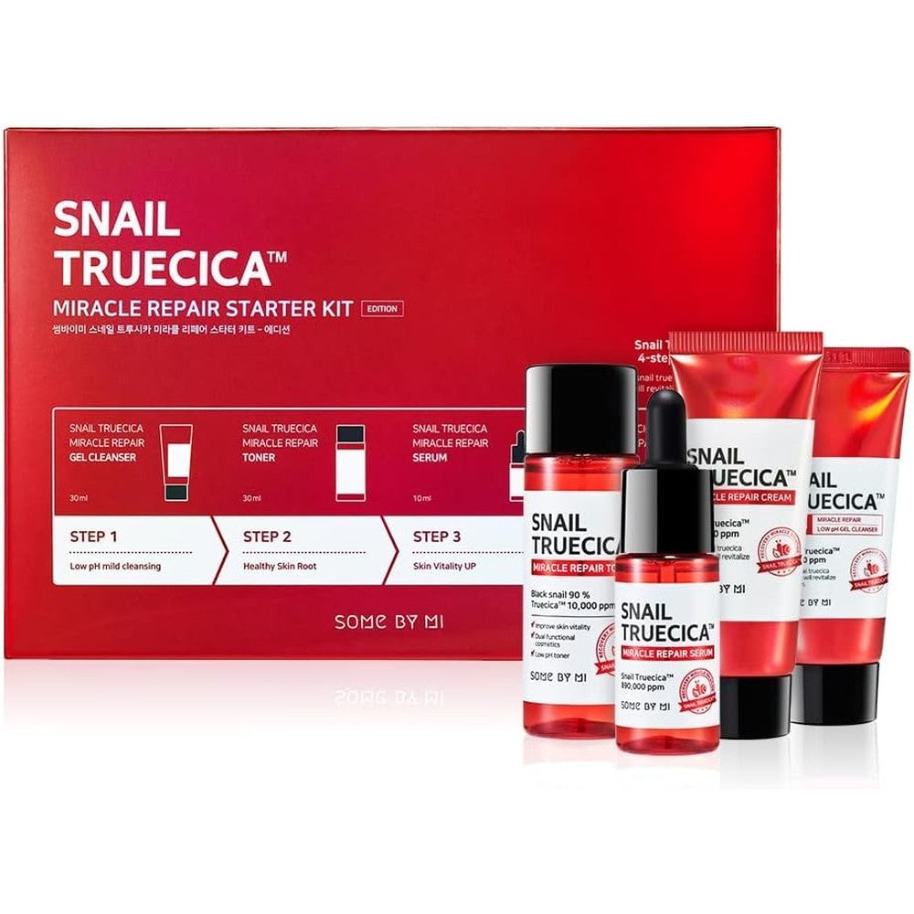 SOME BY MI Snail Truecica Miracle Repair Starter Kit Featuring Gel Cleanser One Point Zero One Ounce Toner One Point Zero One Ounce Serum Zero Poin...