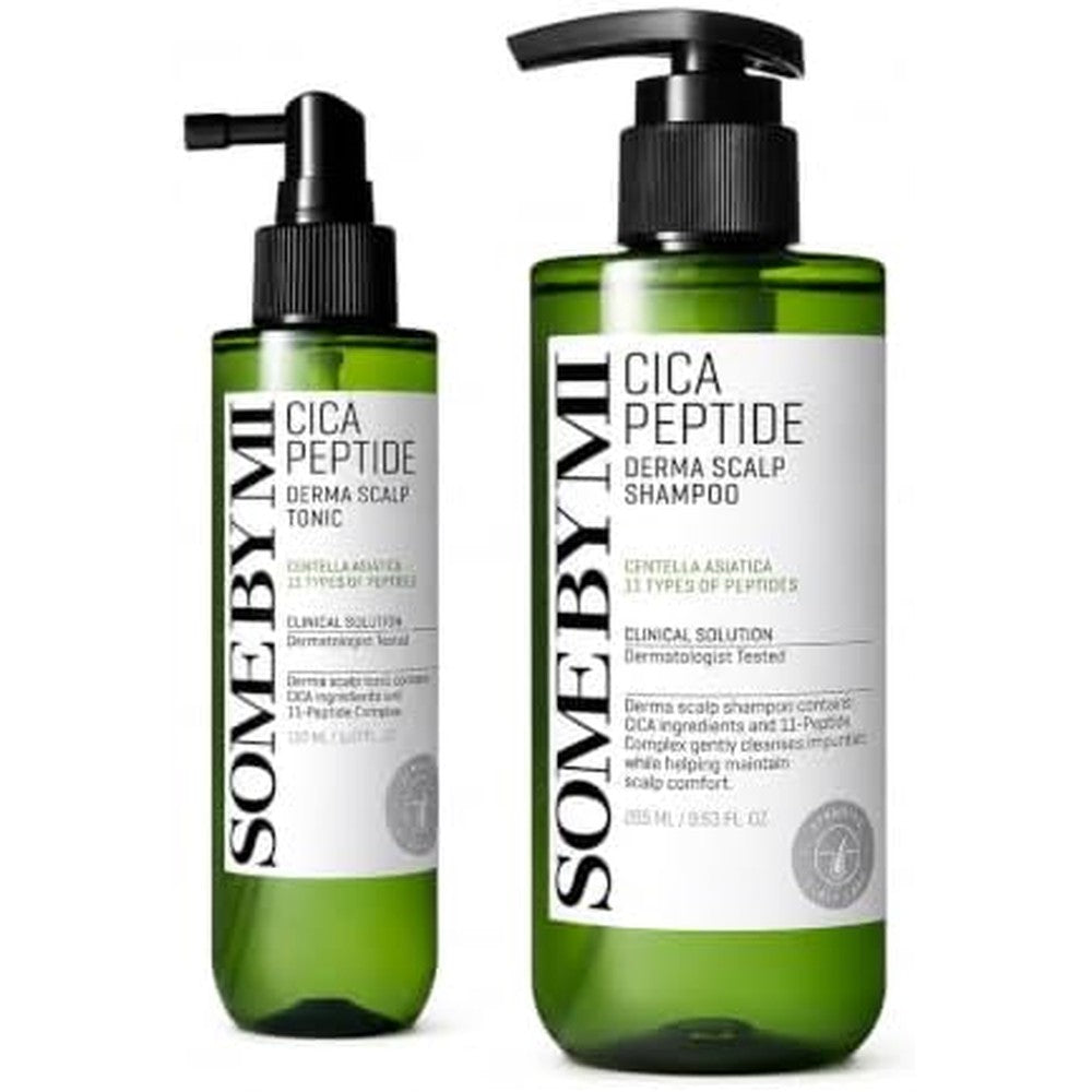 Some By Mi Cica Peptide Scalp Care Duo Set front view showing anti hair loss shampoo and scalp tonic bottles.