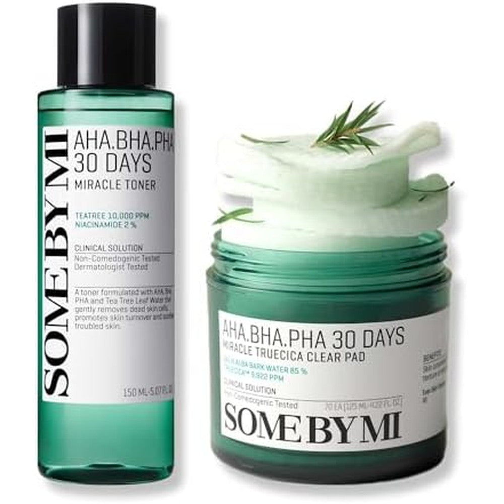 Some By Mi AHA BHA PHA 30 Days Miracle Toner and clear pads set front view showing packaging details.