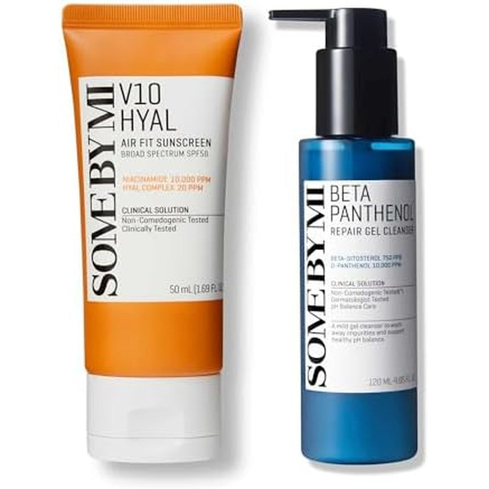 Some By Mi Beta-Panthenol Cleanser and V10 Sunscreen bundle front view for sensitive skincare routine.