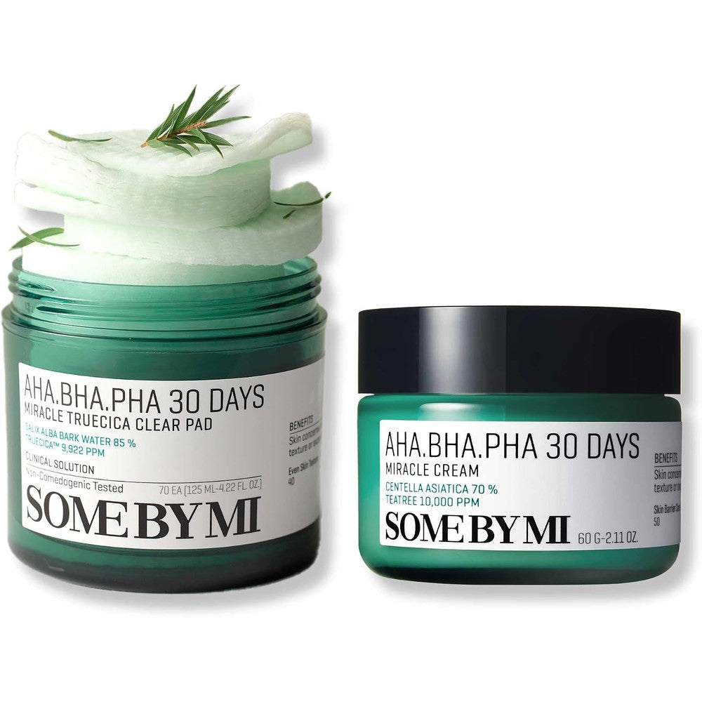 Some By Mi AHA BHA PHA Miracle Cream and Truecica Clear Pad set for acne care