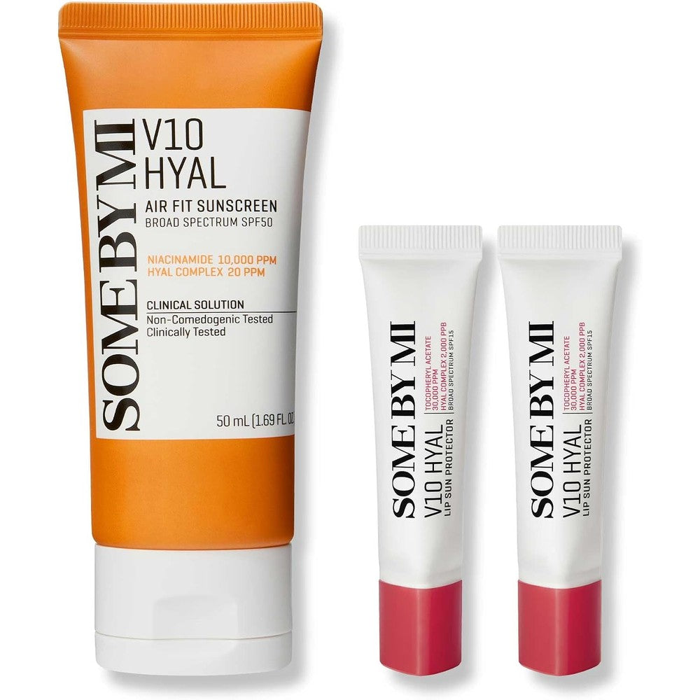 Some By Mi V10 Hyal Air Fit Sunscreen tube and two berry lip protectors