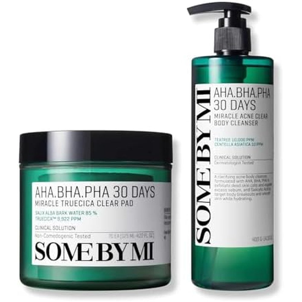 Some By Mi AHA BHA PHA Acne Clear Body Cleanser and Truecica Pad set front view