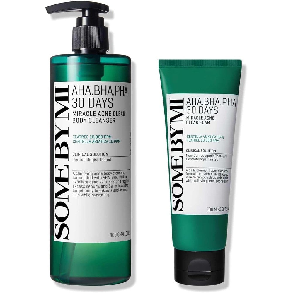Some By Mi AHA BHA PHA 30 Days Miracle Acne Clear Body Cleanser and Foam set front view