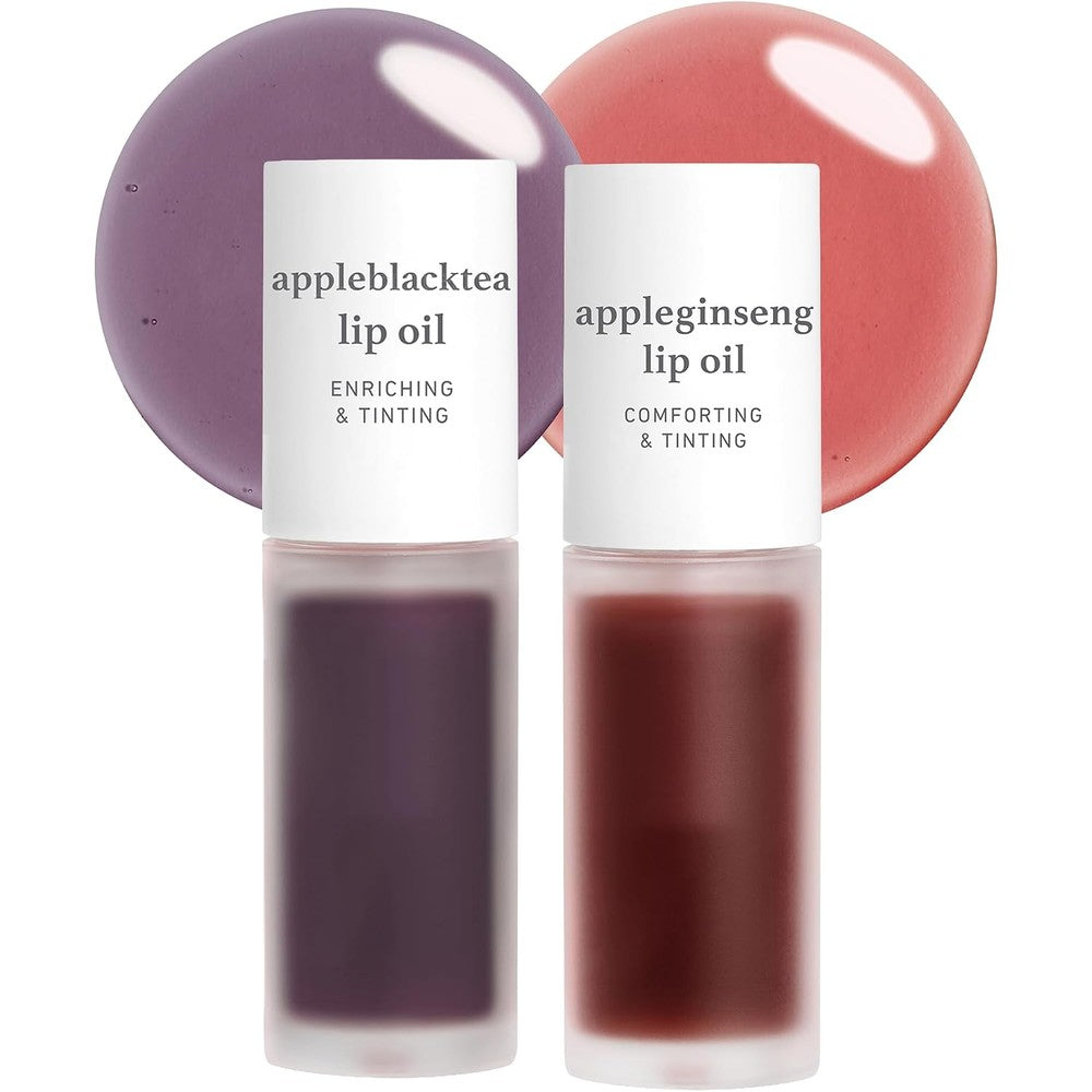 NOONI Korean Lip Oil Set front packaging view highlighting Appleblacktea and Appleginseng tubes