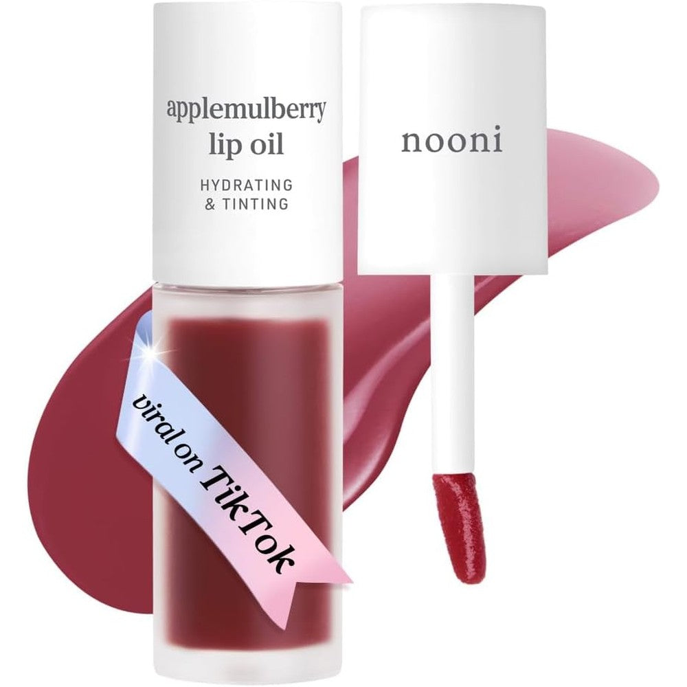 NOONI Korean Lip Oil Applemulberry front view showcasing packaging and plush applicator wand