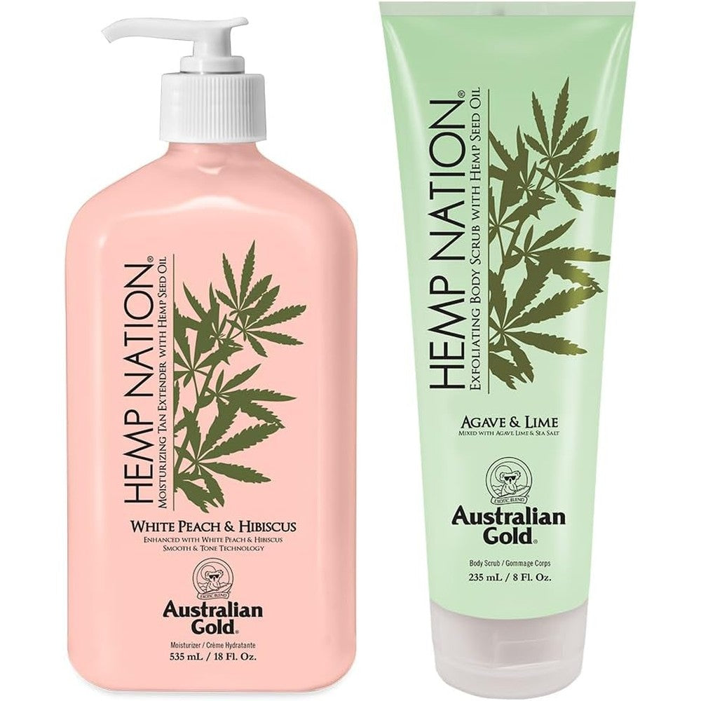 Australian Gold Hemp Nation White Peach and Hibiscus Tan Extender bottle front view