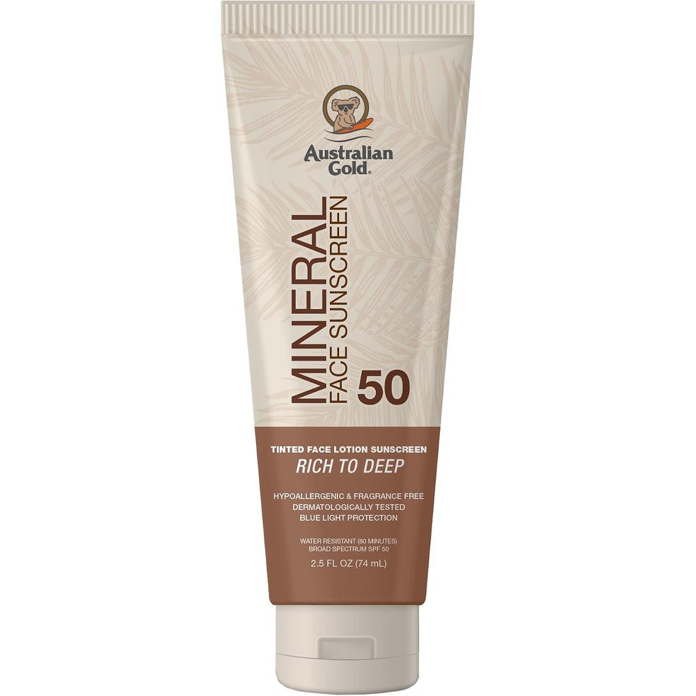 Australian Gold SPF 50 Tinted Mineral Face Sunscreen Rich to Deep front view bottle