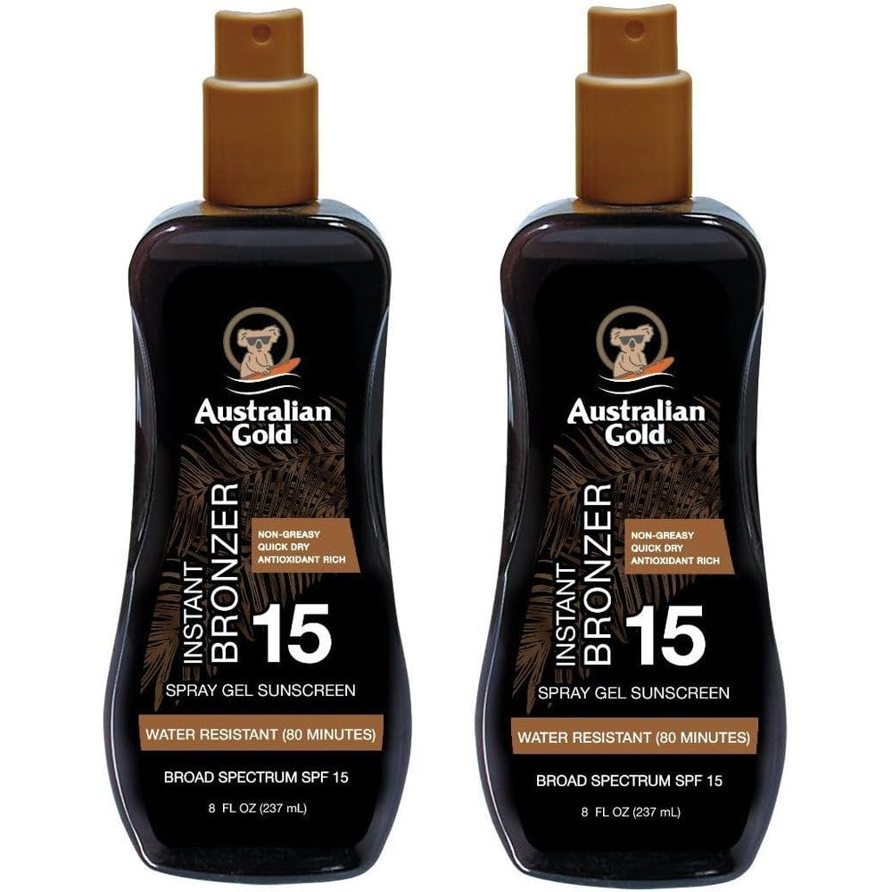 Australian Gold SPF 15 Spray Gel Bronzer front view authentic USA imported sunscreen pack
