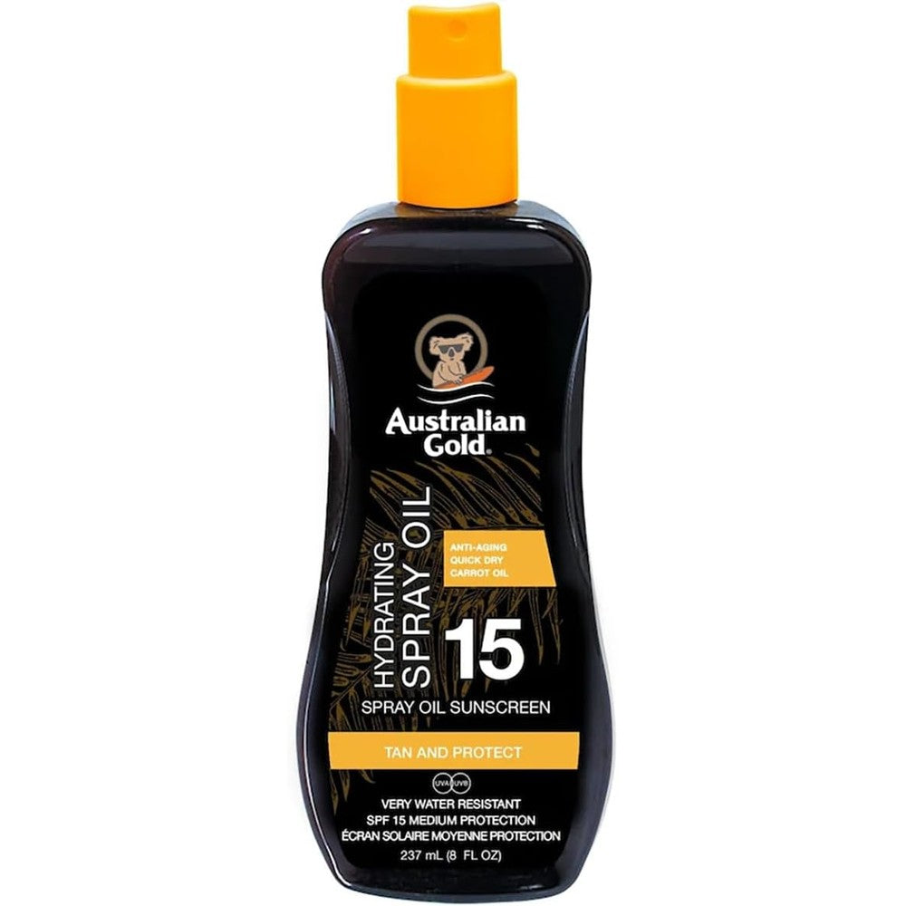 Australian Gold Carrot Spray Oil SPF 15 front view authentic tanning oil bottle.
