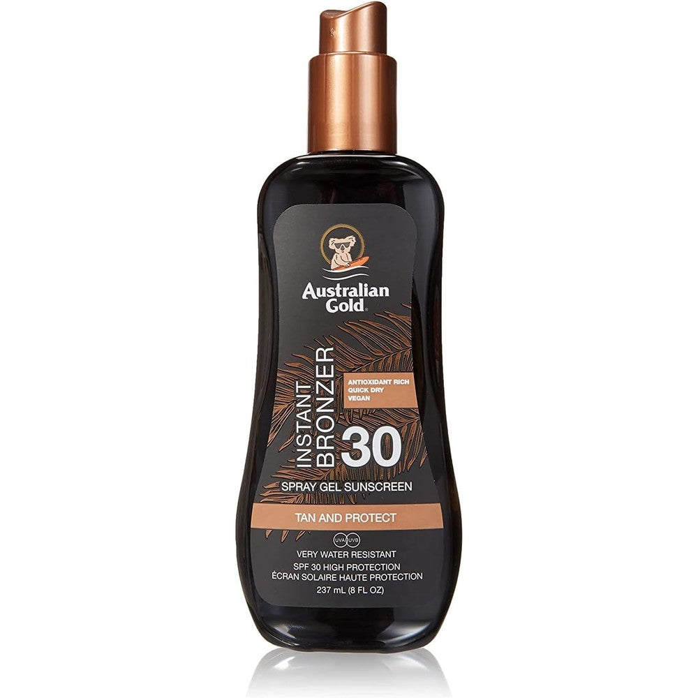 Australian Gold SPF 30 Spray Gel Sunscreen with Instant Bronzer front view pack of three