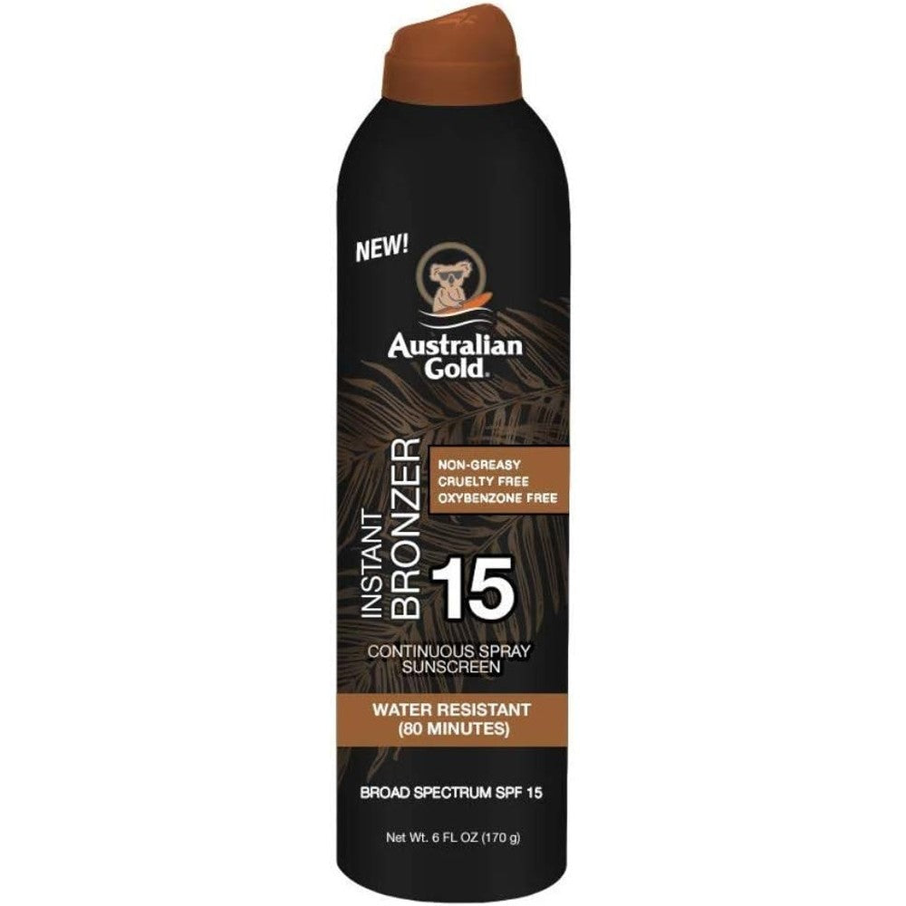 Australian Gold Continuous SPF 15 Spray Sunscreen with Instant Bronzer front view packaging
