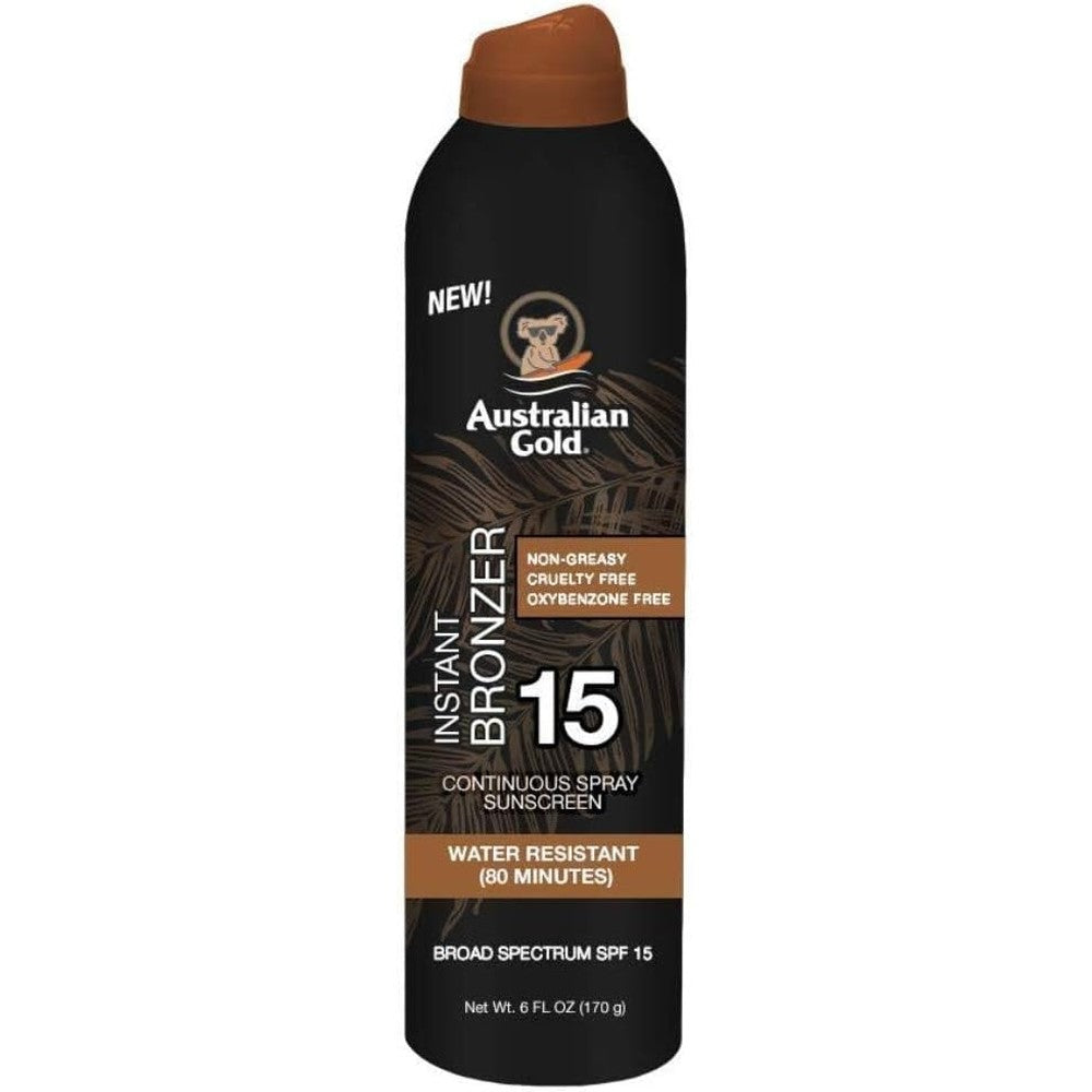 Australian Gold Continuous Spray Sunscreen SPF 15 with Instant Bronzer front view pack of two imported sun protection