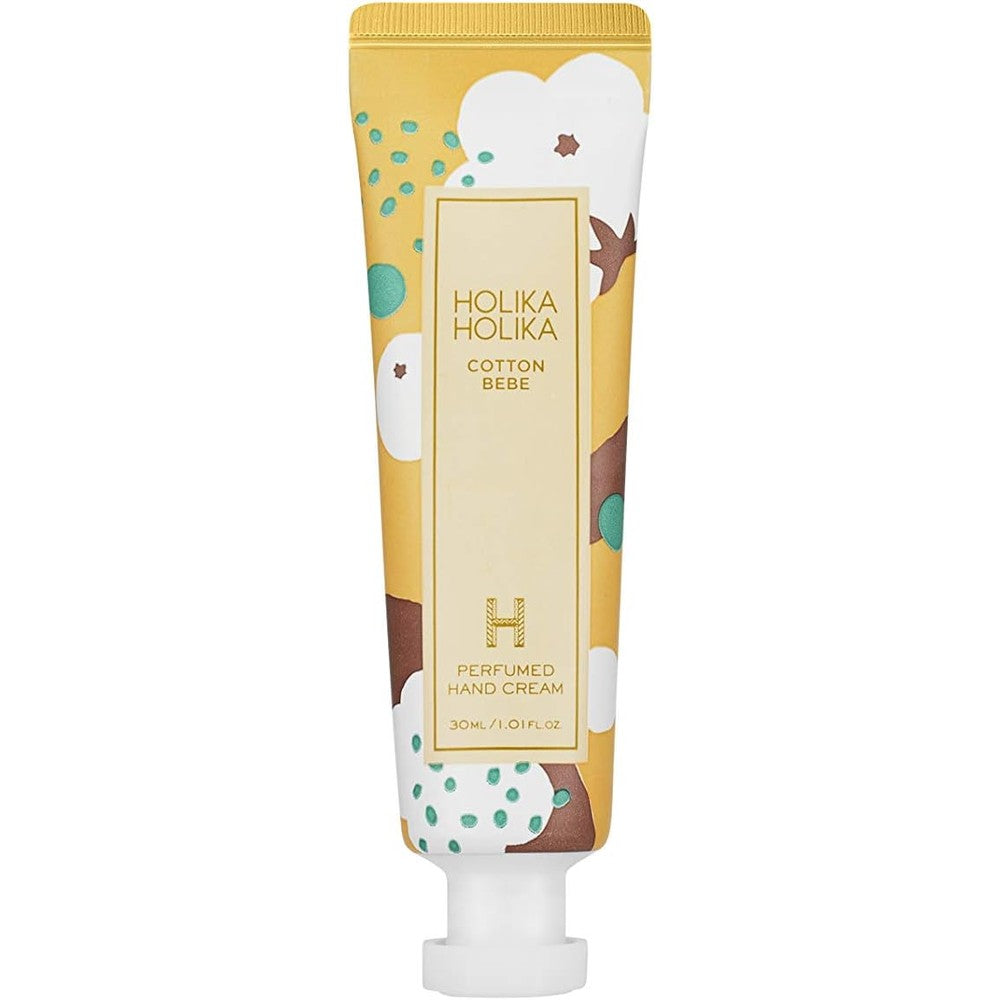 Holika Holika Cotton Bebe Perfumed Hand Cream 30ml front view showing white and yellow packaging