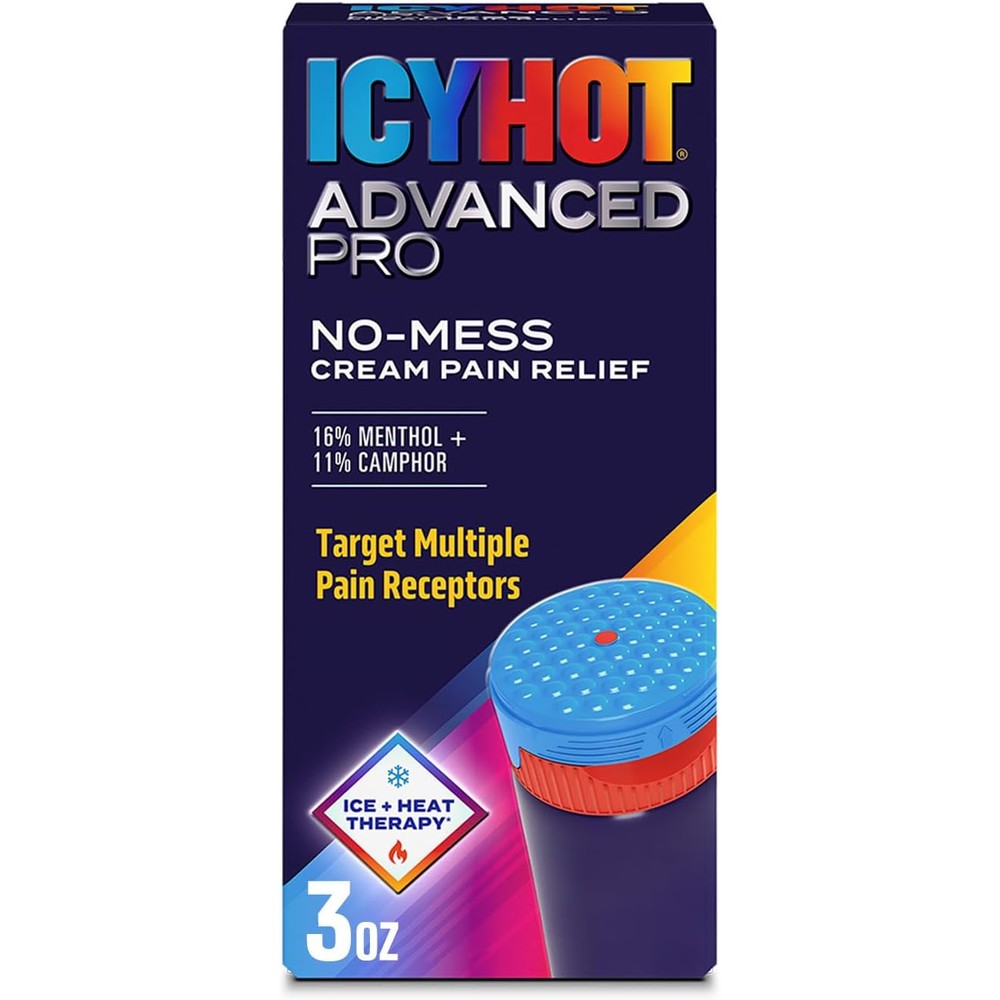 Icy Hot Advanced PRO Pain Relief No-Mess Cream With Massaging Applicator Maximum Strength Menthol And Camphor Formula Three Ounces