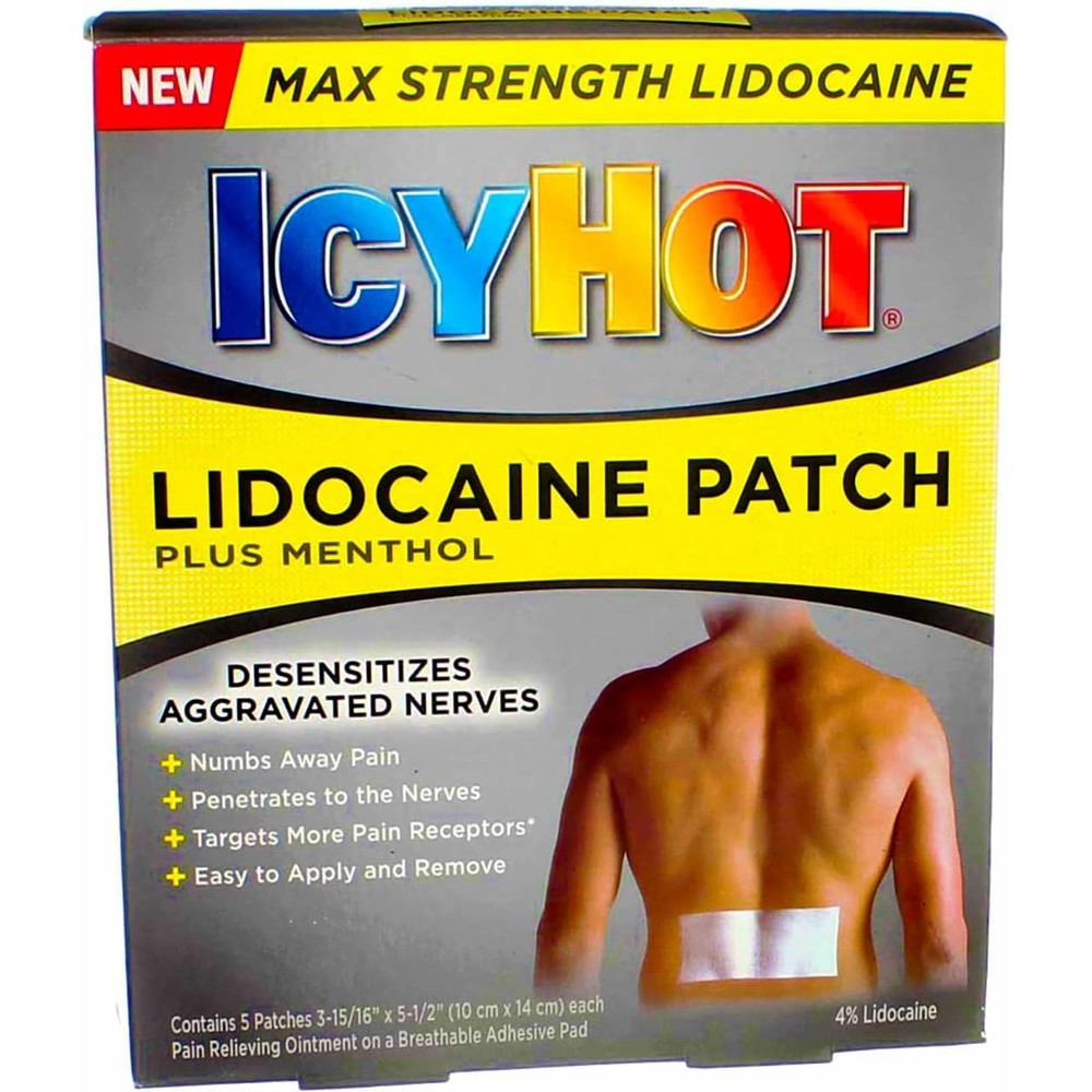 Icy Hot Maximum Strength Lidocaine Patch Plus Menthol Pain Relief Patches Five Patches Per Pack Pack Of Two
