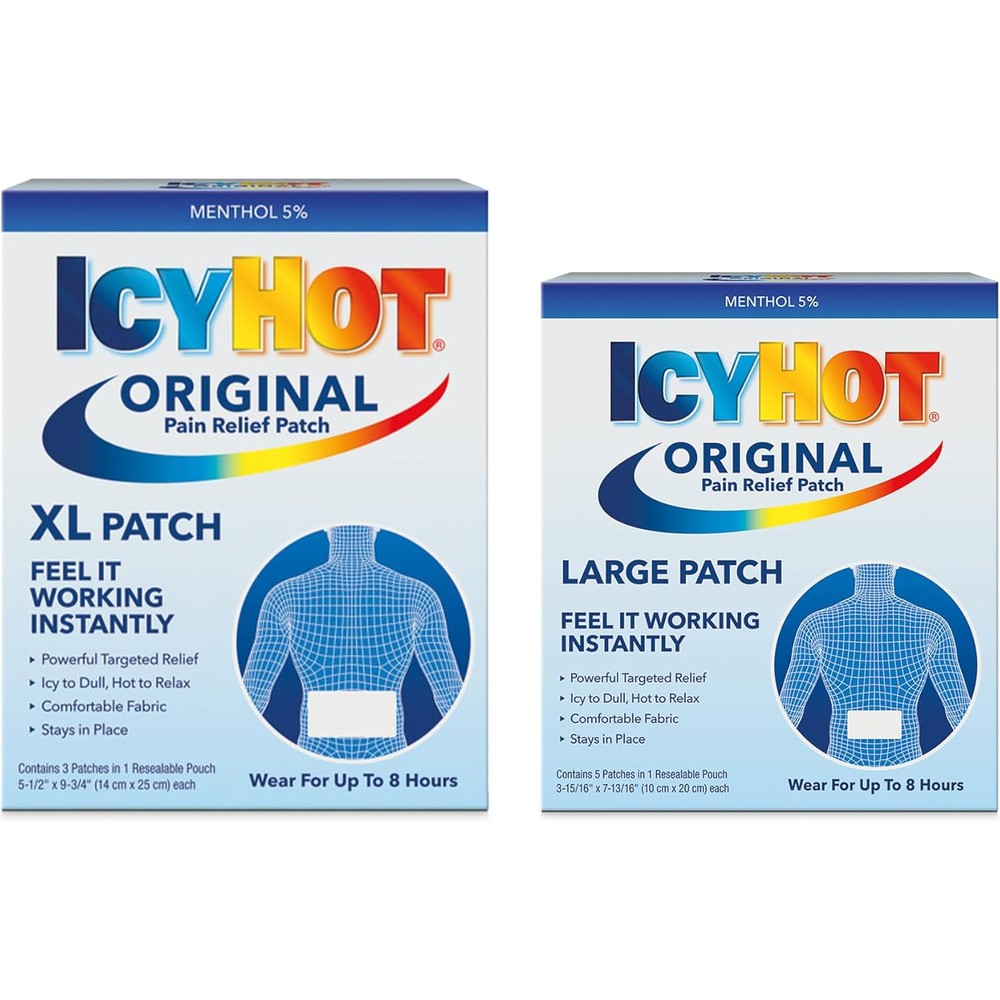 Icy Hot Extra Strength Medicated Pain Relief Patches Extra Large Back Three Count And Original Medicated Pain Relief Patches Large Five Count