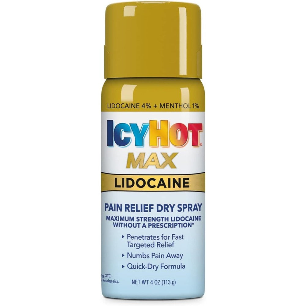 Icy Hot Max Strength Pain Relief Dry Spray With Four Percent Lidocaine And One Percent Menthol Four Ounce