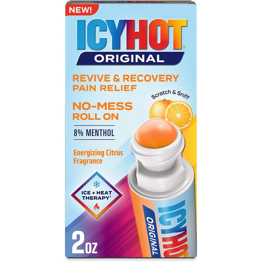 Icy Hot Original Pain Relief Revive And Recovery No Mess Roll On Applicator With Eight Percent Menthol Energizing Citrus Two Ounce