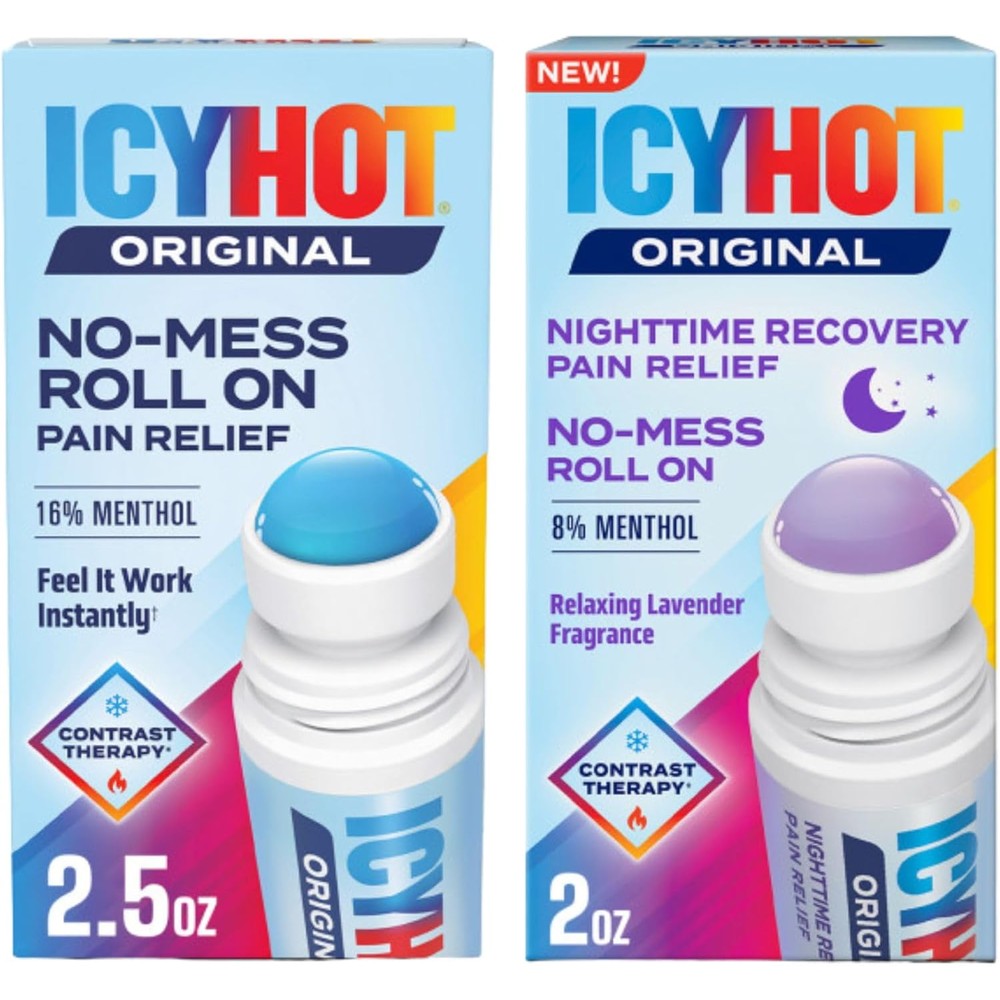 Icy Hot Original Pain Relief 2.5 Ounce And Nighttime Recovery 2 Ounce No Mess Roll On Applicator Set With Menthol