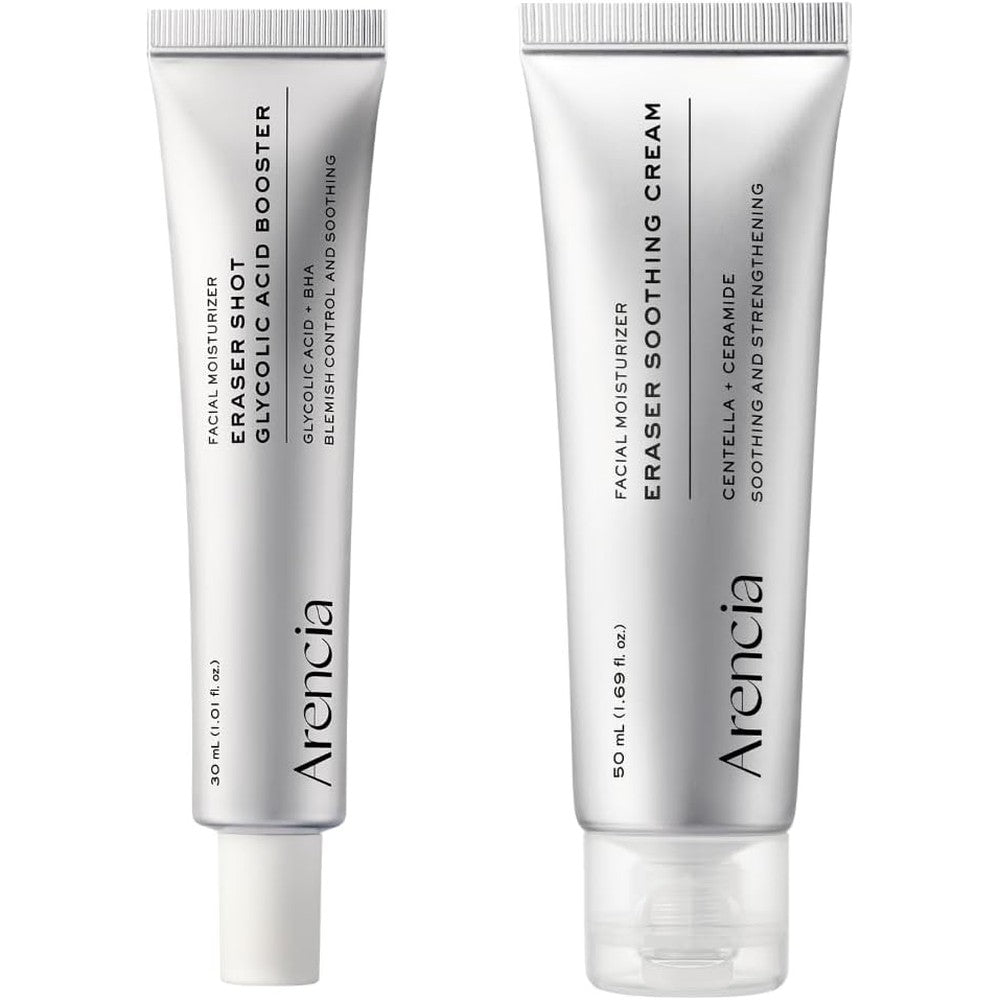 Arencia Eraser Shot Glycolic Acid Booster Serum and Soothing Cream front view exfoliating skincare set
