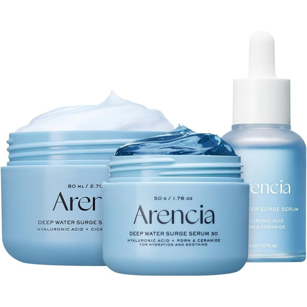 Arencia Deep Water Surge Trio set in blue glass packaging front view