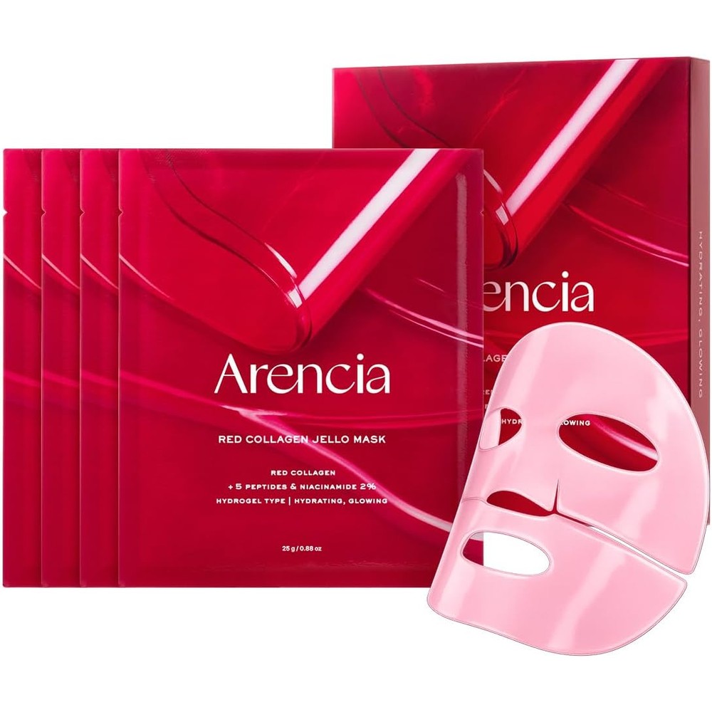 Arencia Red Collagen Jello Mask, Plump And Hydrating Hydrogel Sheet Mask For Dry Mature Skin, 4 Count, 25 Grams Each - Image 1