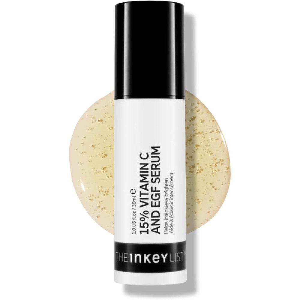 The INKEY List 15 Percent Vitamin C and EGF Serum front view packaging for skin brightening