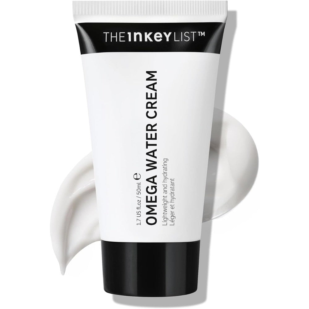 The INKEY List Omega Water Cream moisturizer front view showing black and white packaging tube.