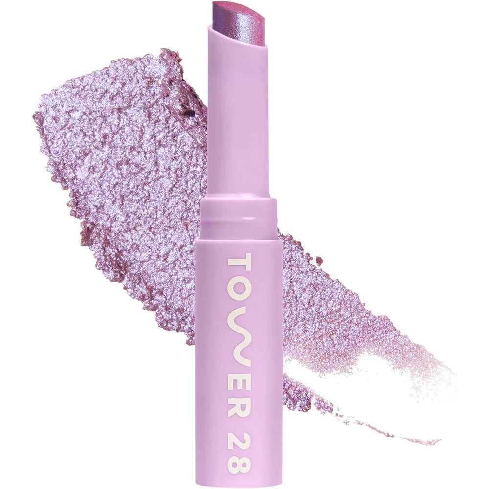 Tower 28 GoGo Cooling Shimmer Eyeshadow Stick in Garden front view showing the purple metallic cream makeup stick.