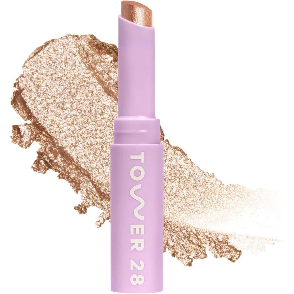 Tower 28 Beauty GoGo Cooling Shimmer Eyeshadow Stick front view of Troubadour shade cream makeup