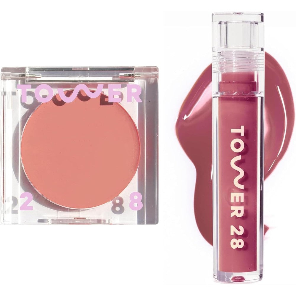 Tower 28 Beauty makeup duo front view showing Sesame Lip Jelly and Magic Hour Cream Blush.