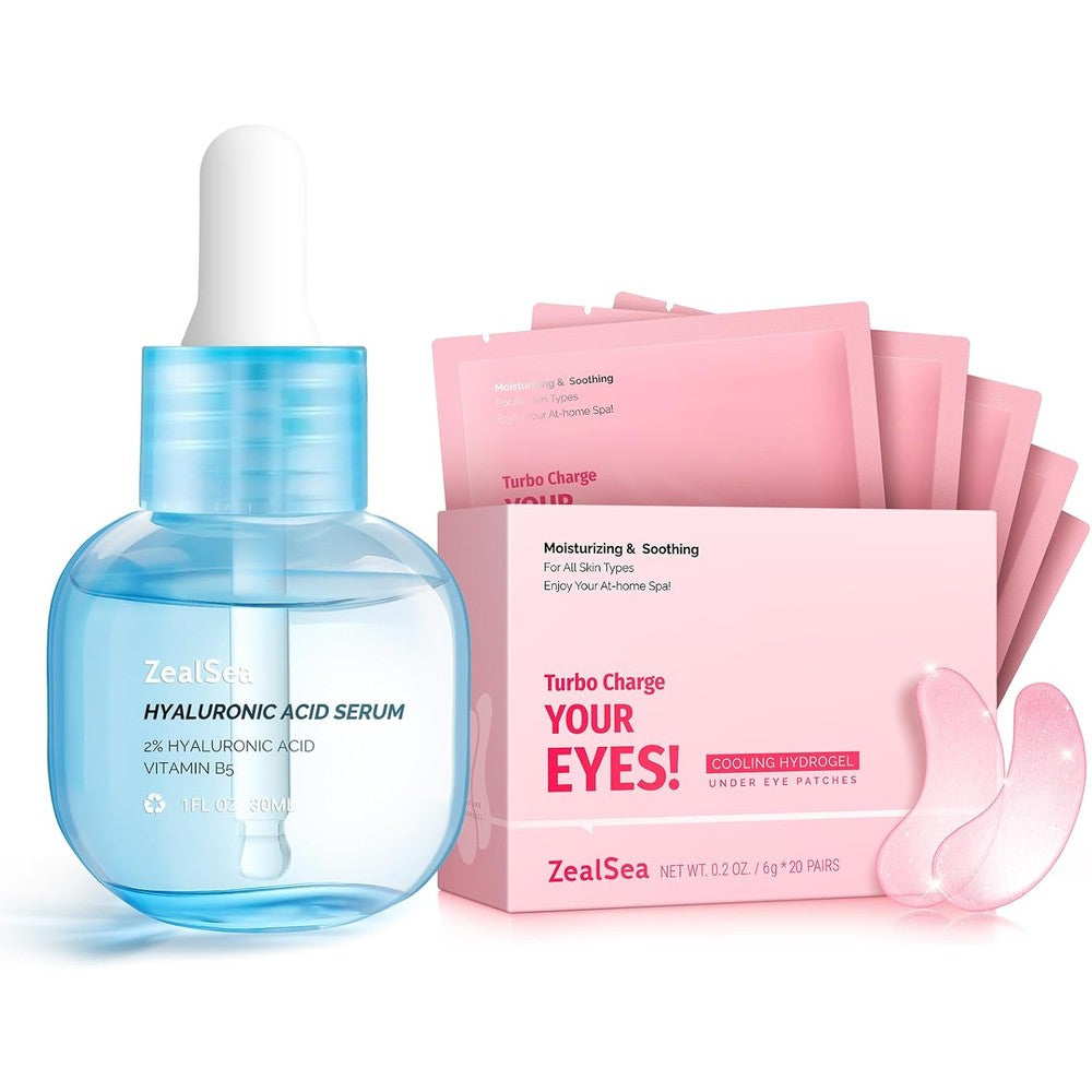 ZealSea Hyaluronic Acid Serum and Eye Patches Bundle front view showing the complete hydration skincare set.