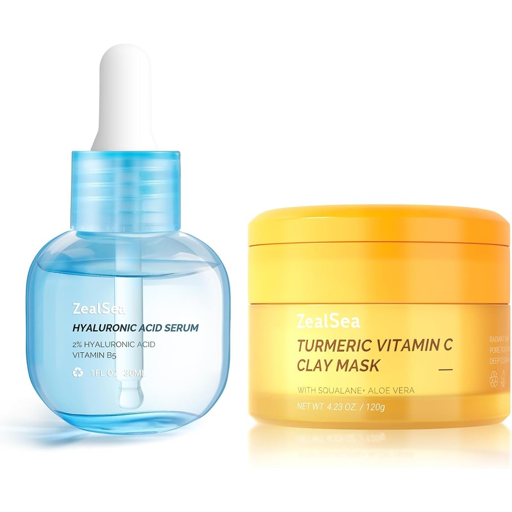 ZealSea Hyaluronic Acid Serum for Face One Fluid Ounce and Turmeric Clay Mask Set for Deep Cleansing and Skin Hydration