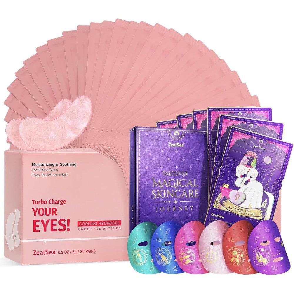 ZealSea Eye Gel Pads and Face Sheet Masks Skincare Set front view showing the packaging bundle.