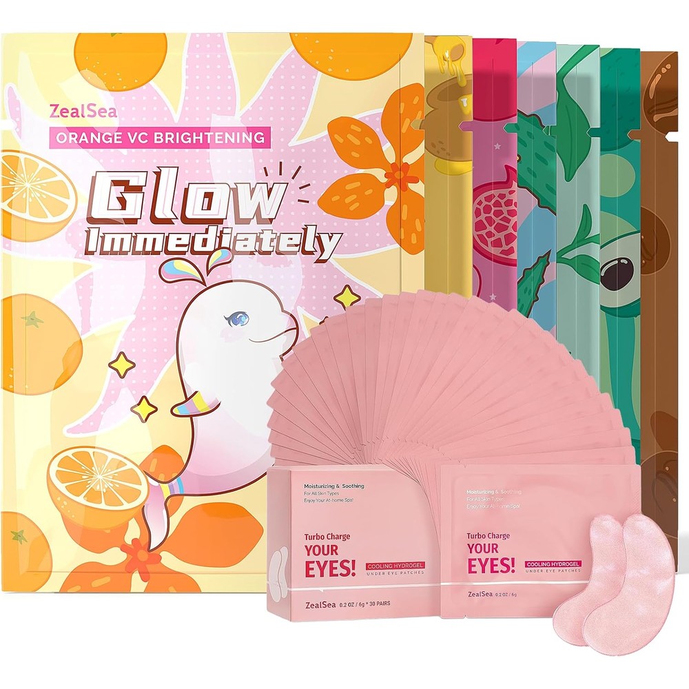 ZealSea Sheet Mask Skin Care pack of 7 and eye gel pads bundle front view showing packaging