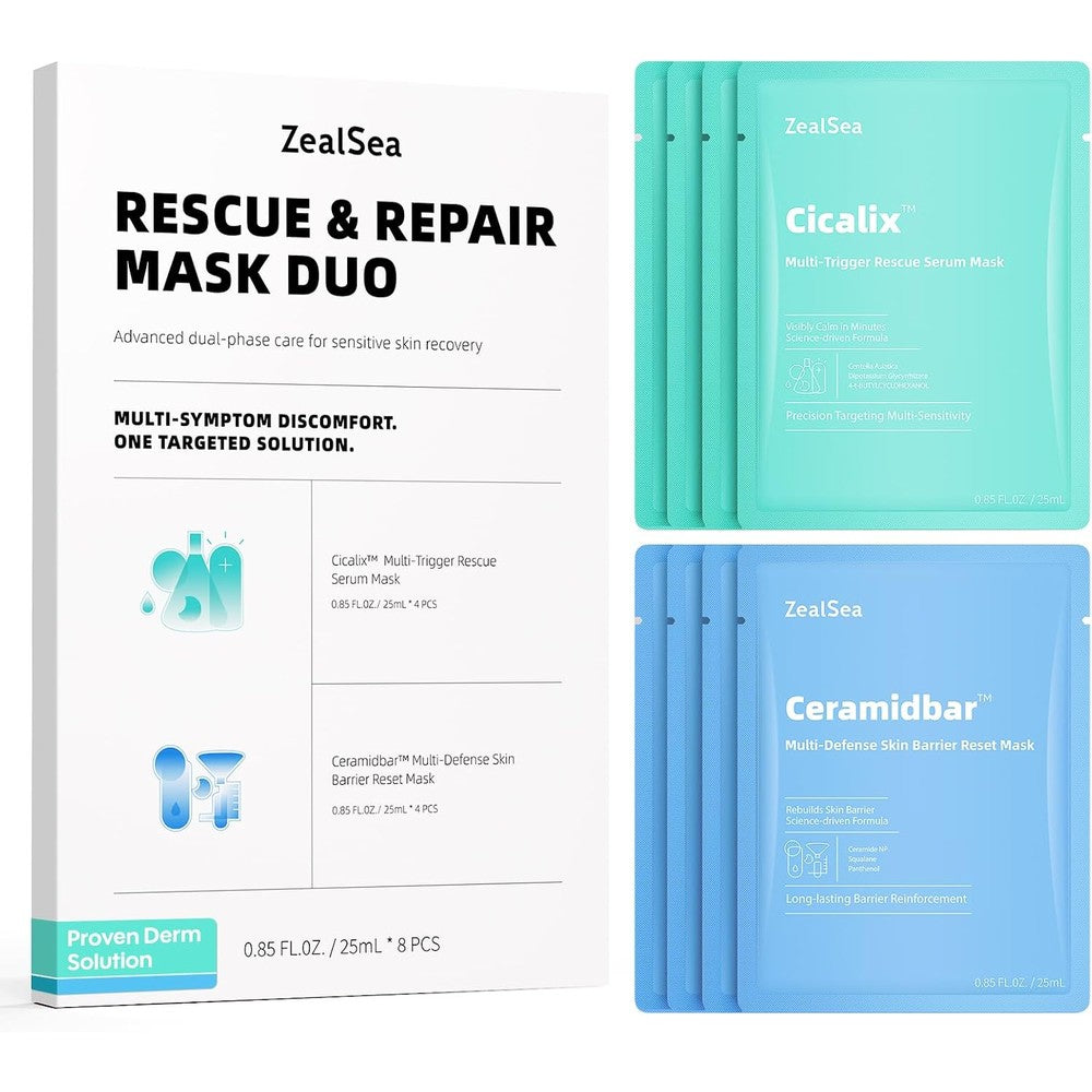 ZealSea Cicalix and Ceramidbar Face Masks packaging box front view for skin barrier repair.