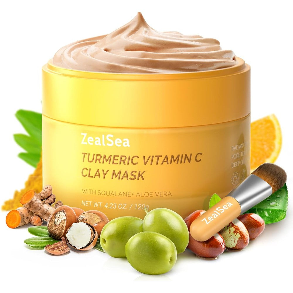 ZealSea Turmeric Vitamin C Kaolin Clay Face Mask For Dark Spots Brightening And Pore Refining Creamy Deep Cleansing Facial Mask 4.23 Ounce