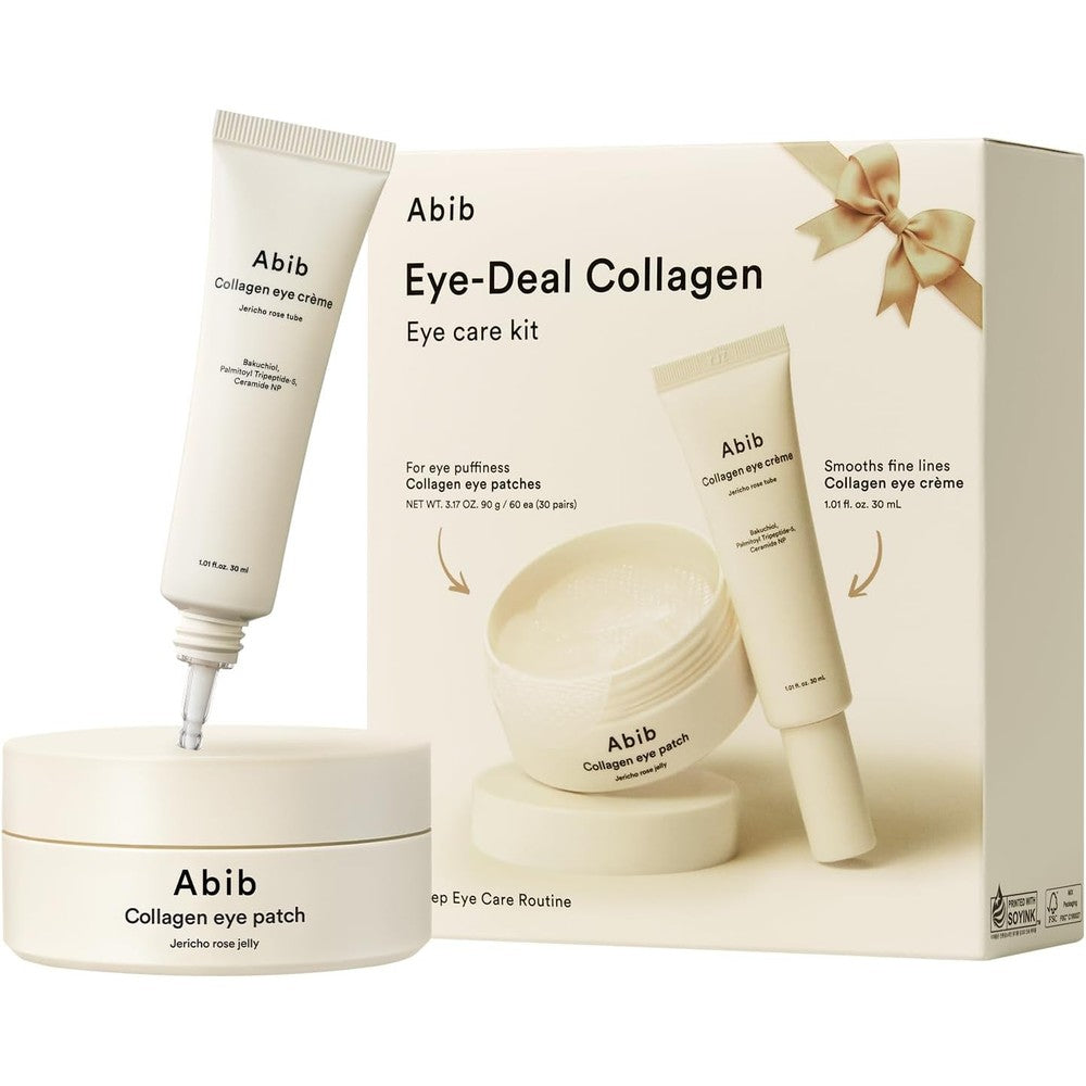 Abib Eye-Deal Eye Care Kit front view showing the vegan collagen patches container and cream tube for dark circles.