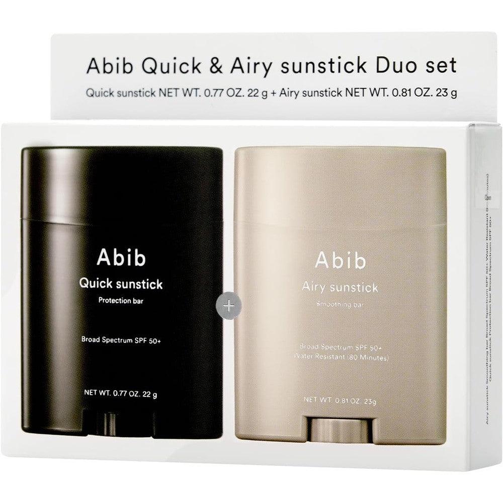 Abib Airy And Quick Sunstick Duo front packaging view showcasing the two individual sunscreen bars.