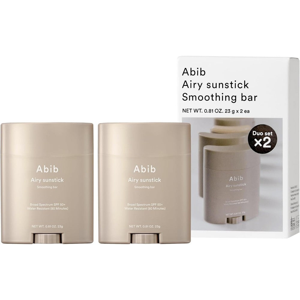 Abib Airy Sunstick Protection Bar Duo front view showing the twin pack packaging of Korean semi-matte sunscreen sticks.