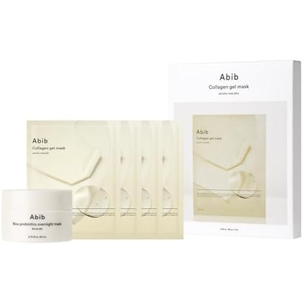 Abib Rice Probiotics Overnight Mask and Collagen Gel Mask set front packaging view for intense hydration skincare.
