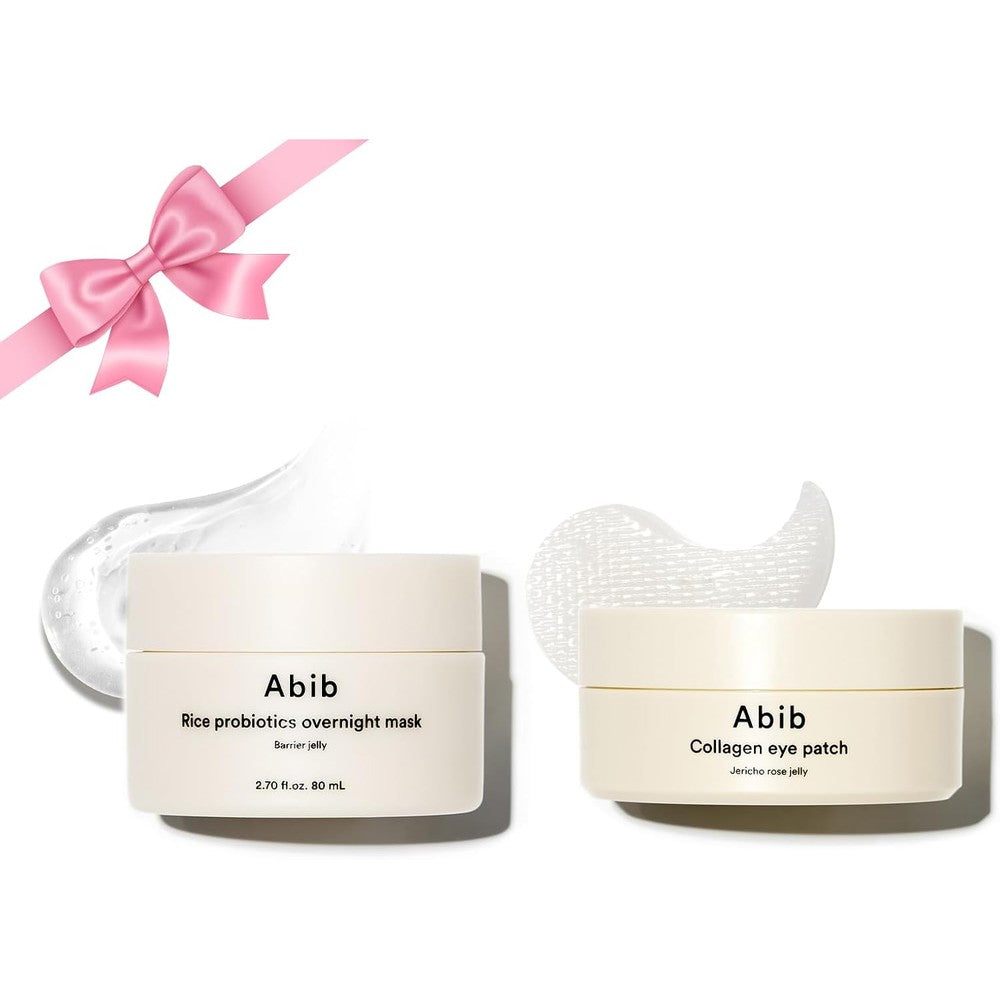 Abib Self Care Gift Set front view showcasing the packaging box, eye patch jar, and overnight mask jelly container