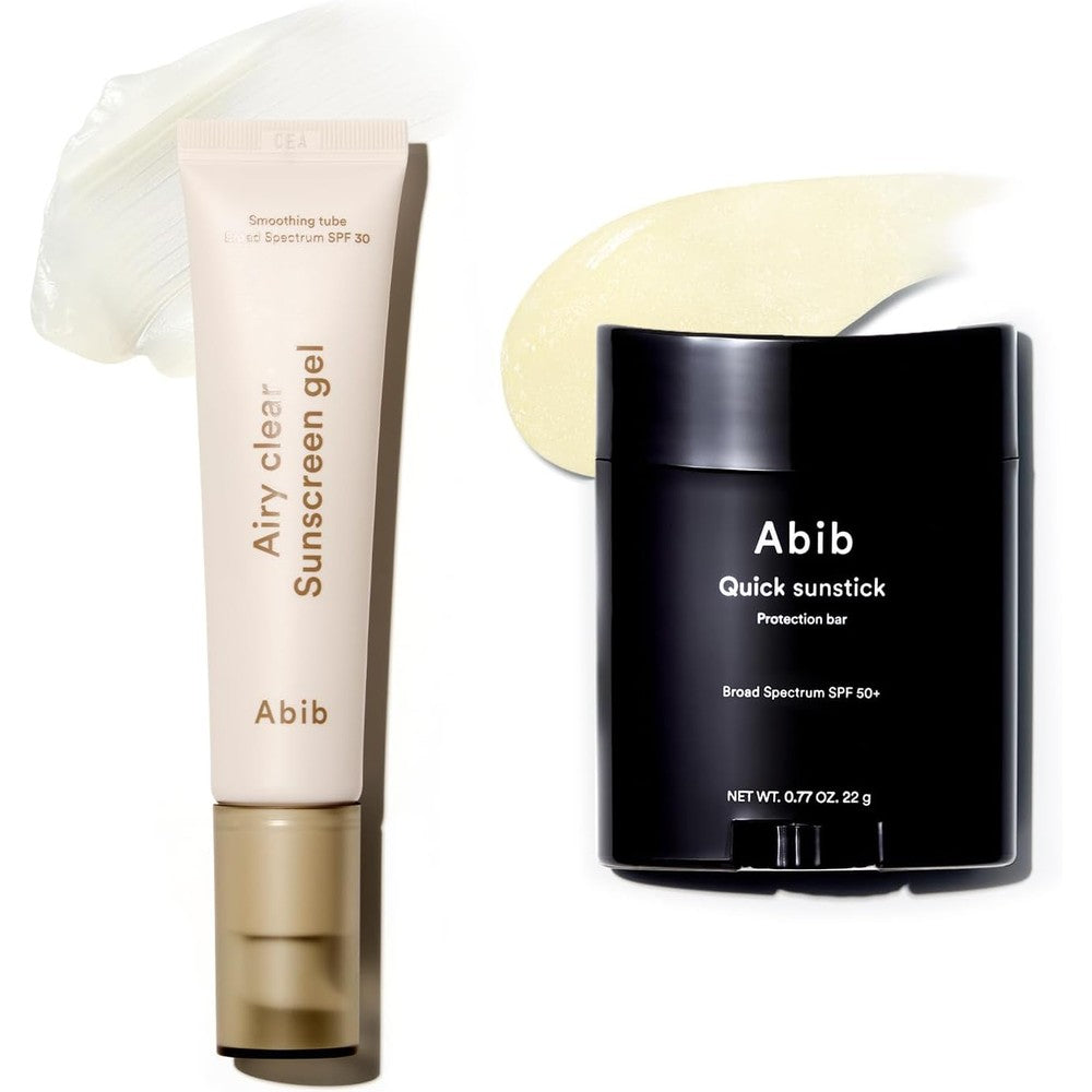 Abib Quick And Airy Sun Care Duo front view showcasing the sunscreen stick and gel packaging.